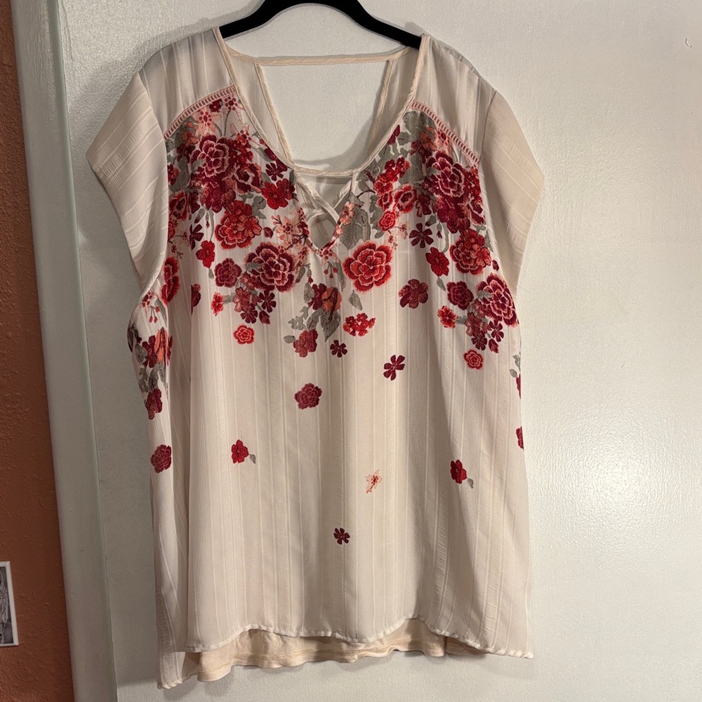 Maurices Cream Blouse with Red Floral Design